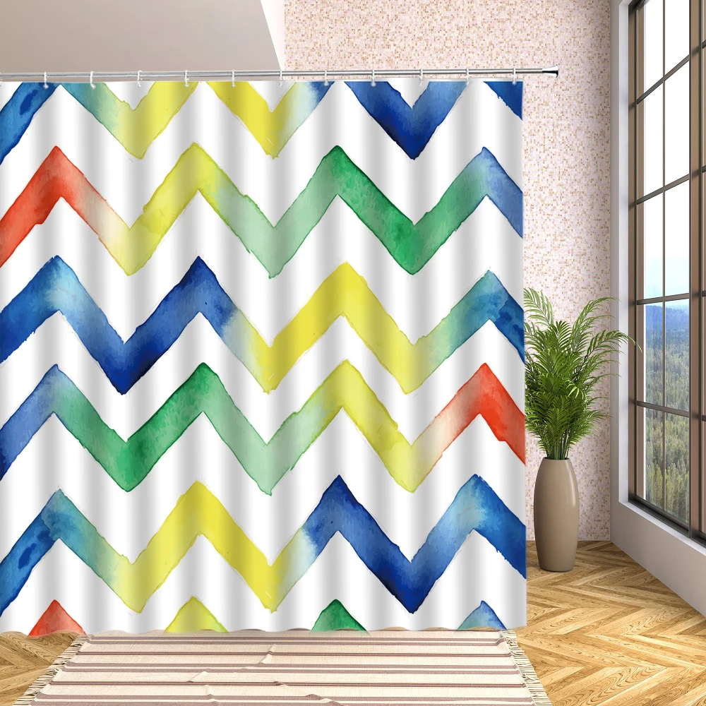 

Colorful Ripple Geometric Shower Curtain Watercolor Stripe Print Waterproof Polyester Bath Screen Bathroom Decor With Hooks