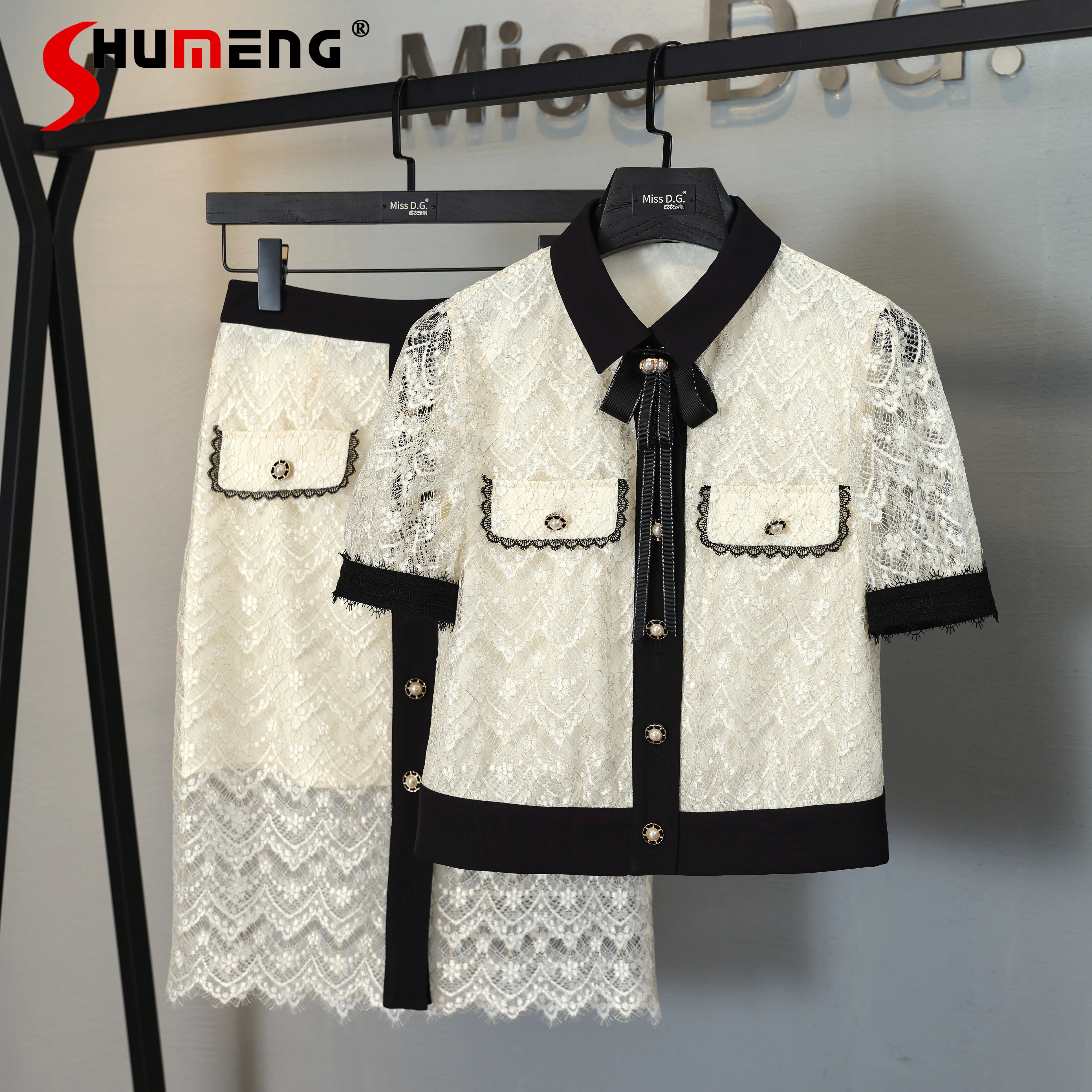

2022 Summer New Two-piece Suit Women's Fashion Elegant Office Lady Short Sleeve Mesh Patchwork Top Ladies Lace Knee-length Skirt