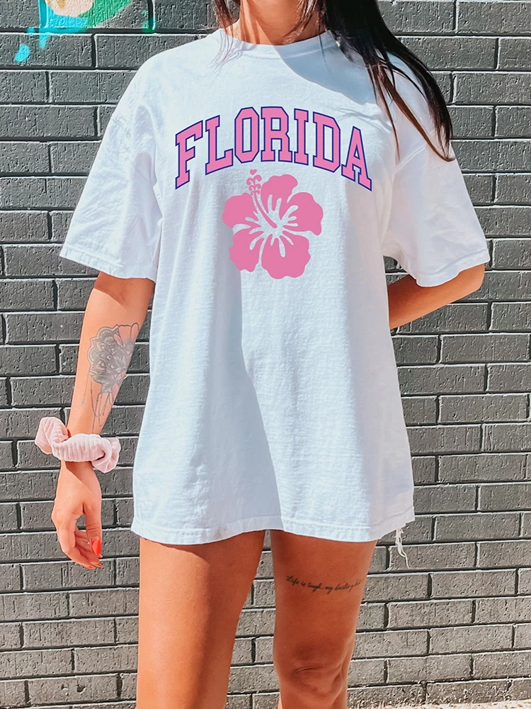 

Florida Flower Prints Womens Cotton Short Sleeve American Vintage Tops Personality Casual Oversize Tee Clothing Female T-Shirts