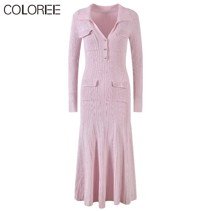 Spring Pink Knitted Sweater Dress for Women 2023 Elegant Ruffles Long Sleeve Midi Dress Korean Fashion Vestido De Mujer