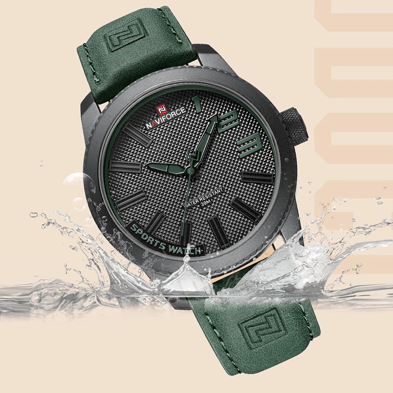 NAVIFORCE Male Wrist Watches Military Sports Anti-shock Waterproof Leather Strap Men Watch Fashion Green Clock Relogio Masculino