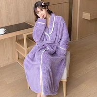 fashion trend loose solid color cardigan nightgown autumn and winter new coral velvet plus velvet thick warm pajamas
