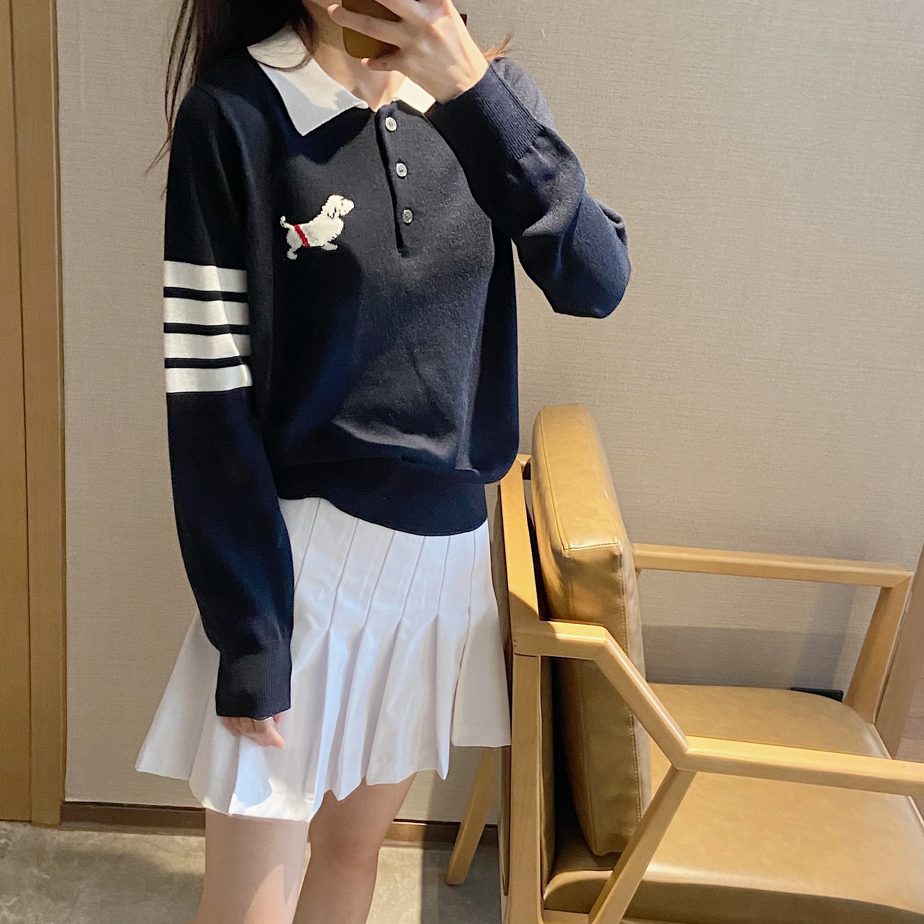 

Tb Puppy Wool Knitted Polo Blouse Women's Senior Four Bar Aging Lapel Long Sleeve Pullover