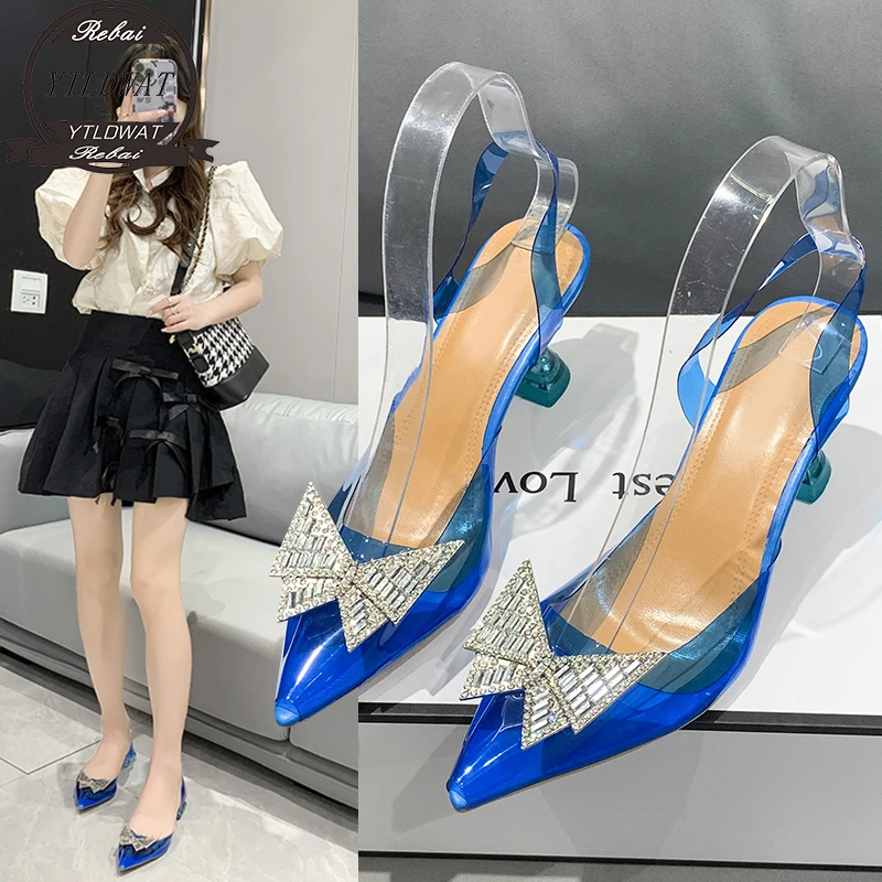 

2022 Cup High Heels Crystal Pumps Woman Rhinestone Bow Knot Sandals Pointed Toe Slingback Transparent PVC Sexy Party Dress Shoes
