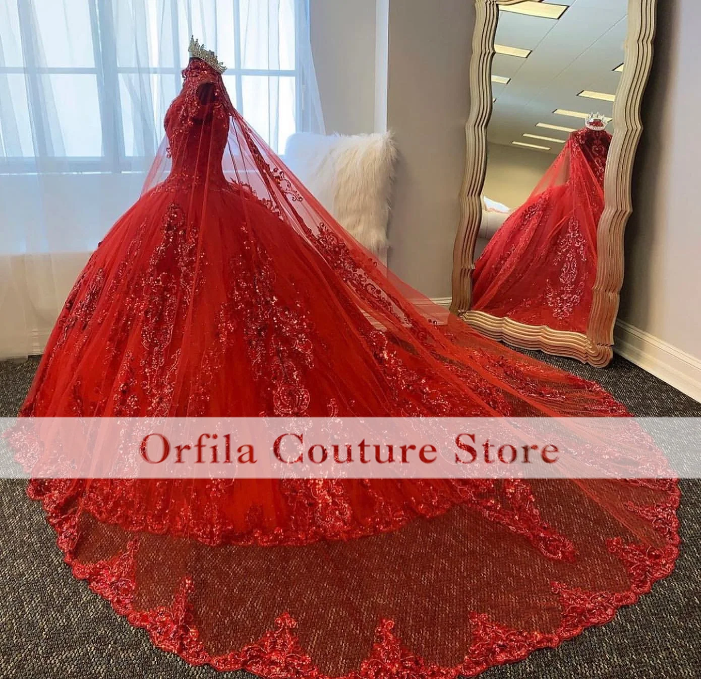 Фото Красное платье принцессы Quinceanera Orfila с накидкой и аппликацией из пайеток, объемное платье, платье 15 лет, зеленое пышное платье по индивидуальному заказу №3