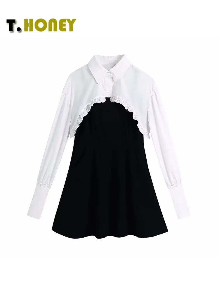 

TELLHOENY Женская мода из двух частей воротник с лацканами с длинными рукавами Agaric блузки женские сексуальные однотонные трапециевидные мини-п...