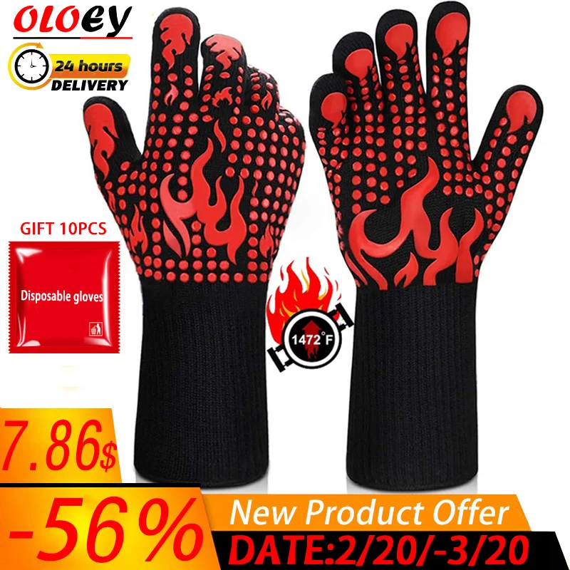 

2PCS BBQ Oven Gloves 800 Degrees Fireproof Heat Resistant Gloves Silicone Oven Mitts Barbecue Heat Lnsulation Microwave Gloves