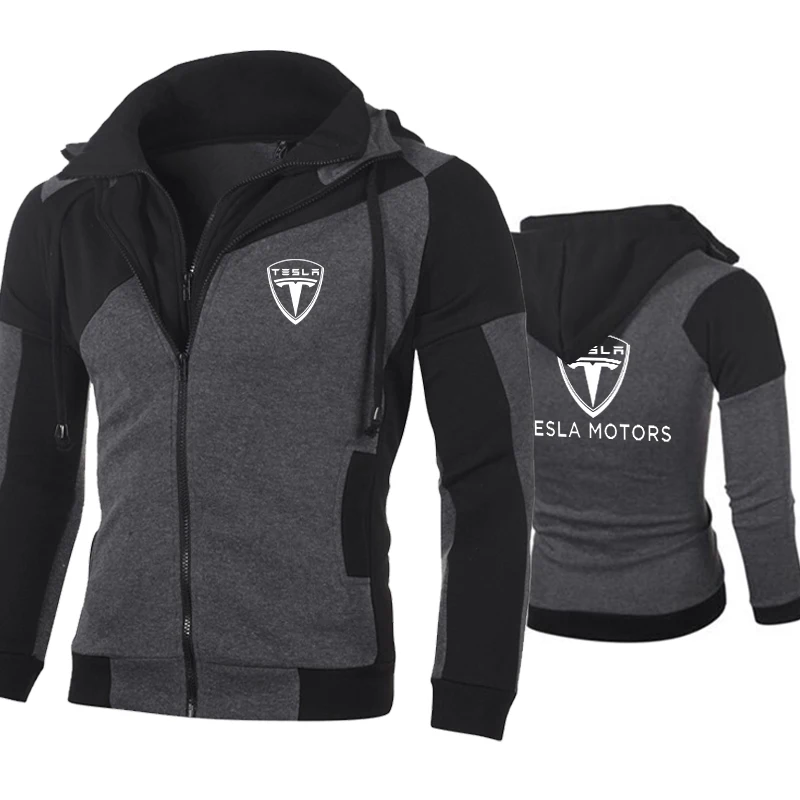 

Autumn winter 2022 zipper Hooded Sweatshirt TESLA long sleeve men's hooded sticker warm running sportswear