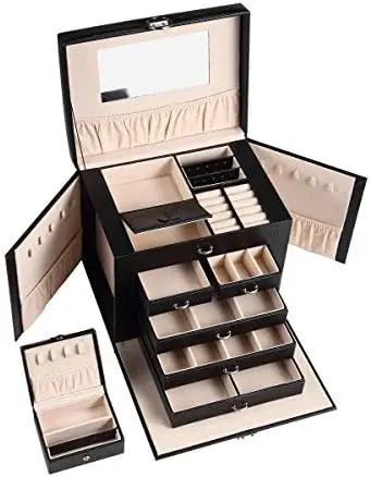 

Jewelry Box for Women - 5 Layer Jewelry Organizer Box Leather Mirror Locked Design Display Case Large Capacity for Necklace Earr