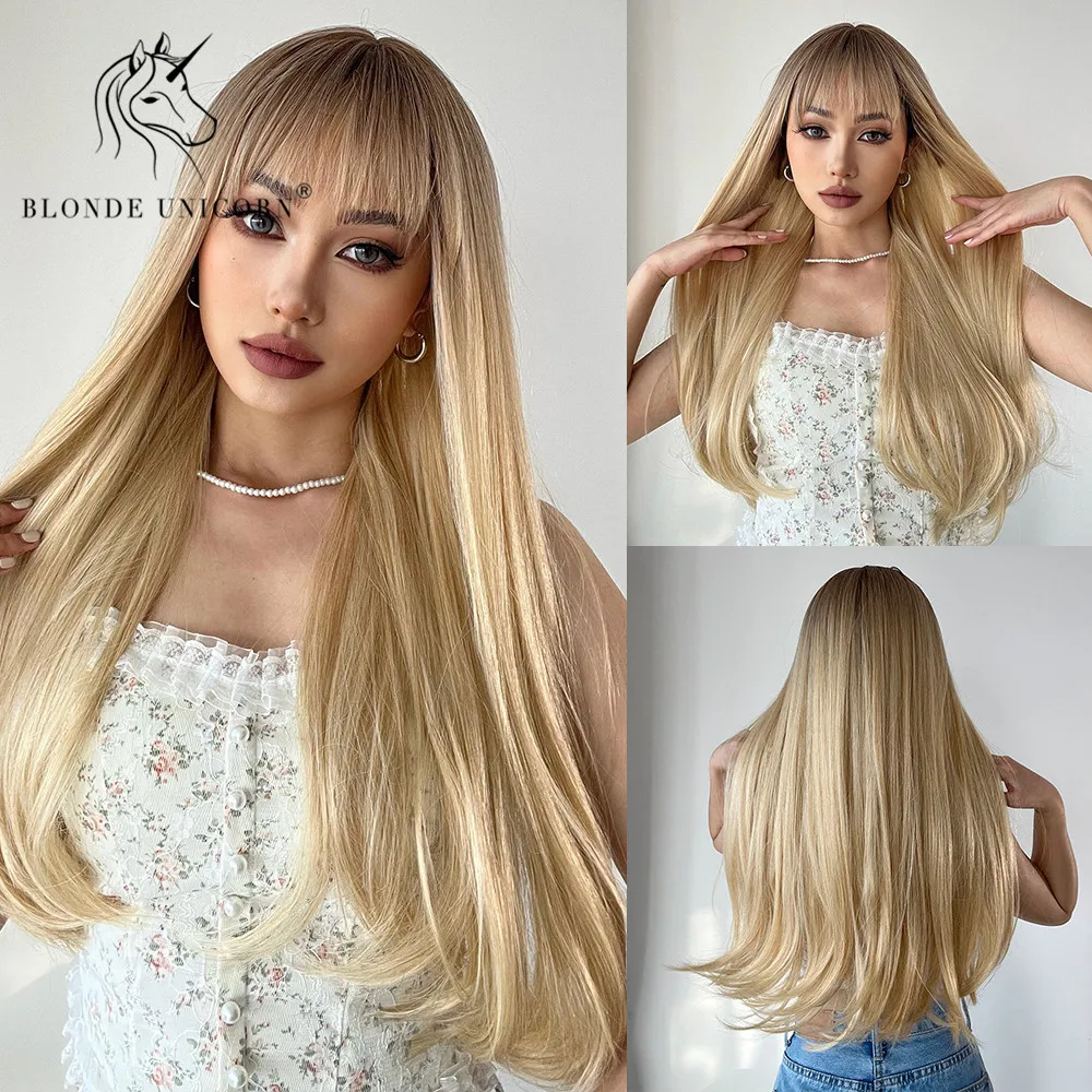 

Blonde Unicorn Synthetic Long Straight Wig Ombre Blonde Brown Cosplay Daily Hair Wigs for White Women Heat Resistant Fiber