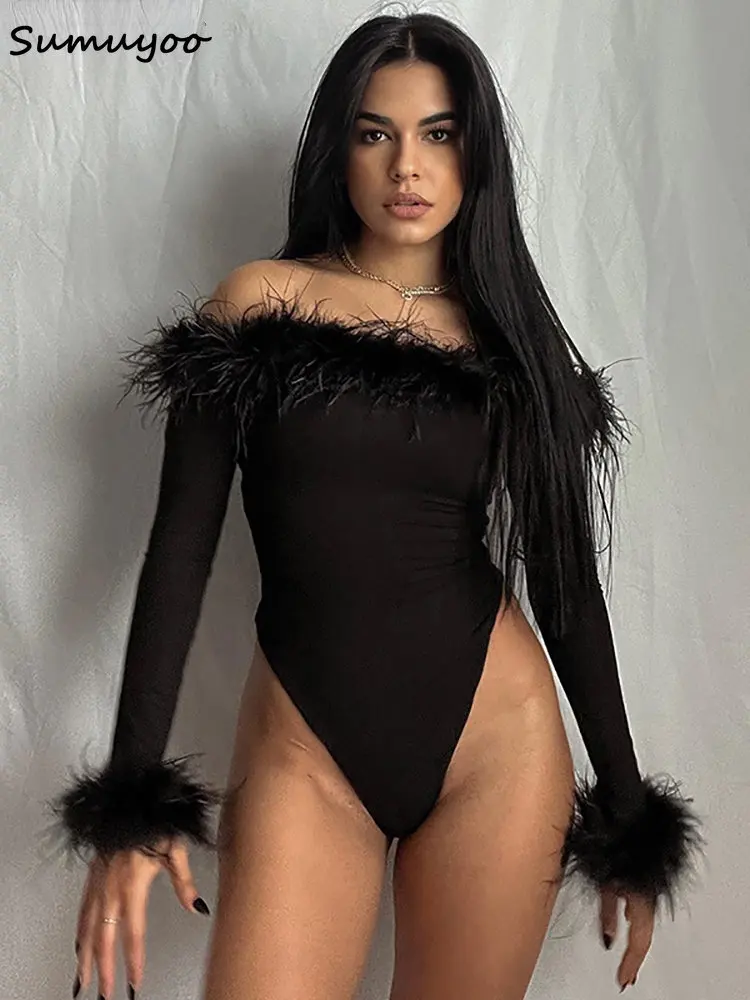 

Sumuyoo Feather Long Sleeve Off Shoulder Sexy Bodysuit Women Black Jersey Top Streetwear Patchwork Bodysuit Female Spring