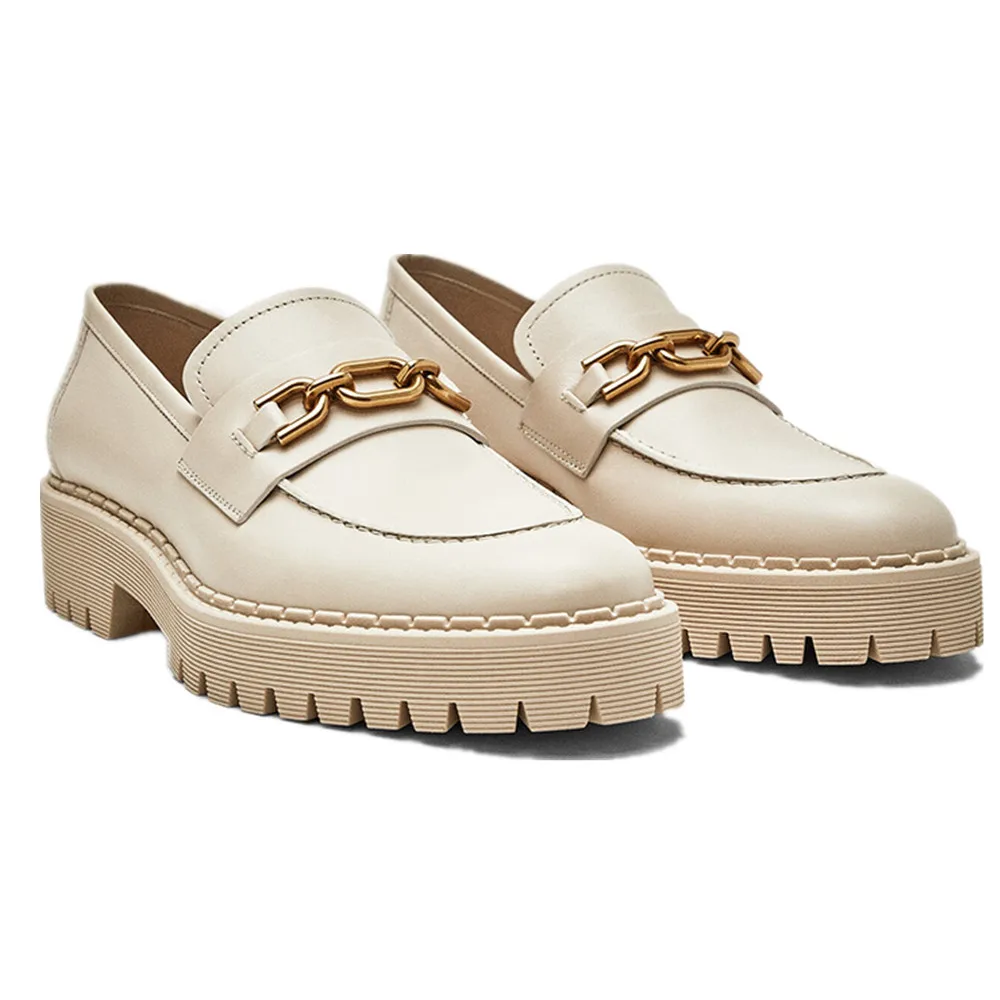 

Jenny&Dave Shoes Women England Style Retro Gold Chain Buckle Thick Sole Increase Higher Genuine Leather Casual Flat Shoes