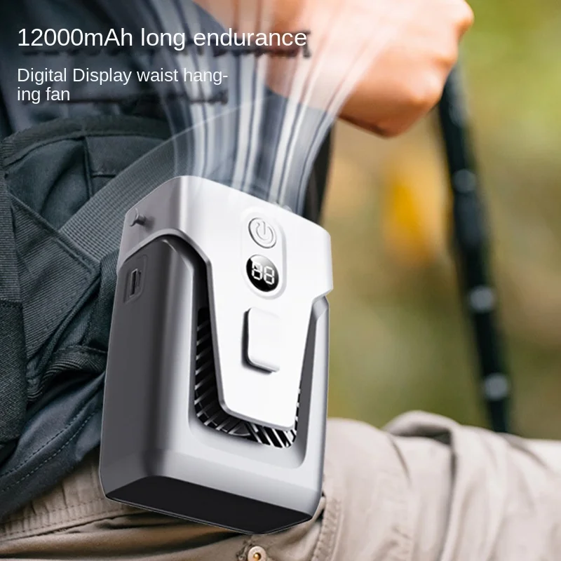 

2023 New Sports Portable Camping Fan 12000mAH Digital Display Outdoor Hanging Waist Fan Portable High Wind Hanging Neck Fan