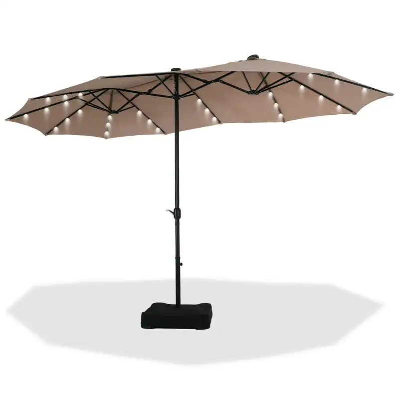 

Double-Sided Patio Umbrella with Base Large Outdoor Table Umbrella with Crank Handle and 36 pcs LED lights, Beige Rain poncho O