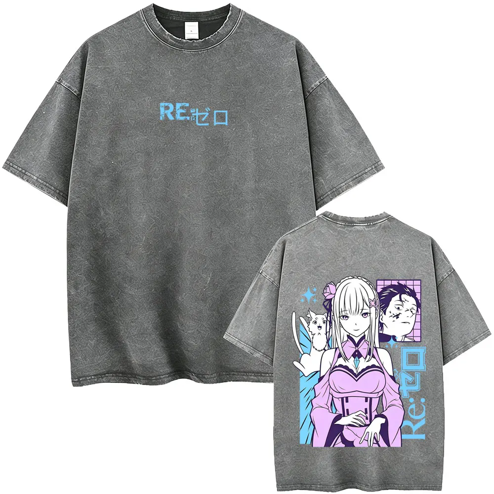 Фото Винтажная футболка с принтом аниме Re:ZERO - Жизнь в другом мире, с изображением Субару, Нацуки, Эмилии, унисекс, оверсайз №3