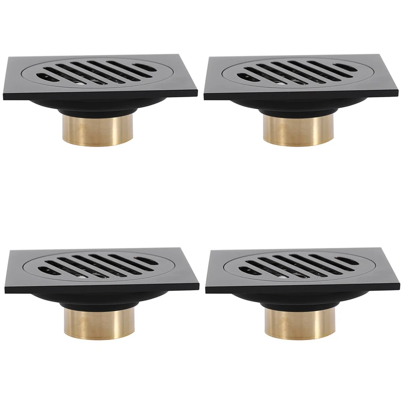 

4X 4 Inch Square Shower Drain With Removable Cover Grate, Brass Anti Clogging And Odor Point Floor Drain Assembly