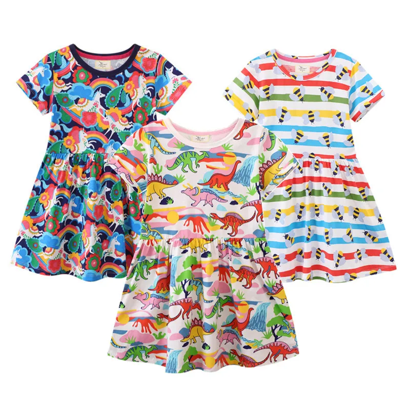 

Dinosaur Unicorn Bees Print Girl Dress New In Cartoon Kids Costume Stripes Summer Cotton Casual Frocks