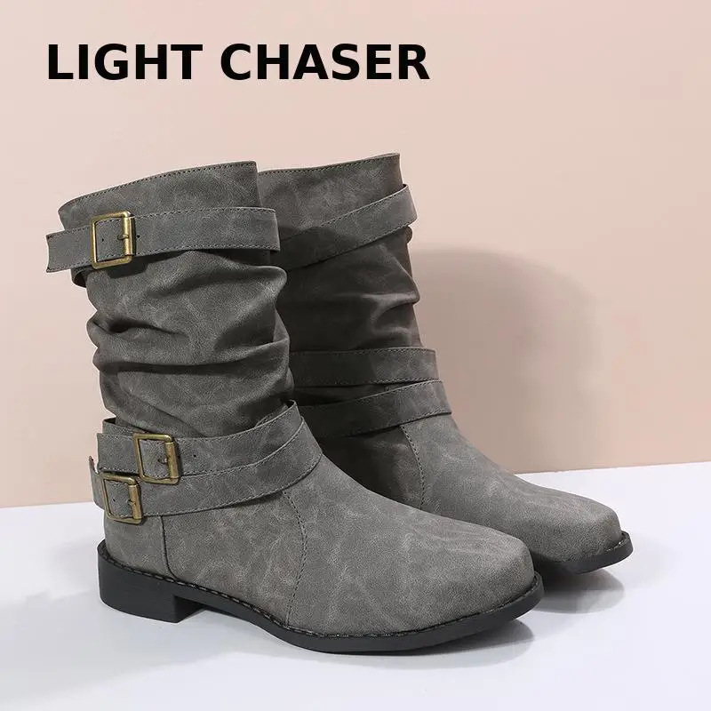 Winter New Foreign Trade Boots Round Head Flat -bottomed Large Size Women's Boots Smoke Boots Belt Buckle Female Short Boots 43