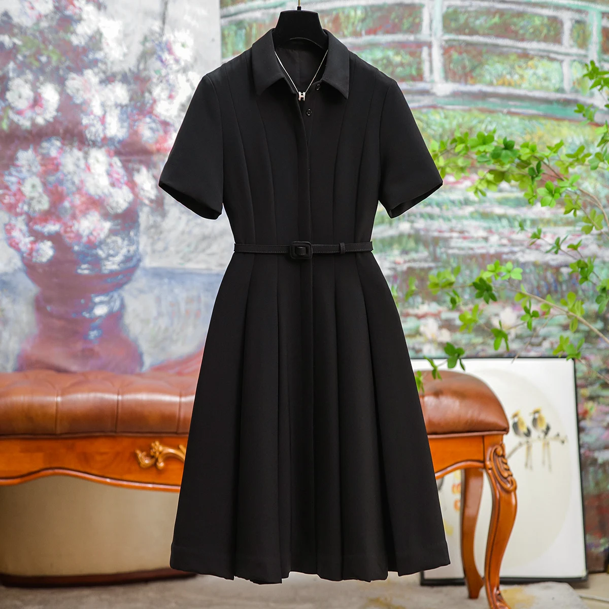 

High Quality Appear Thin Fashion High Waist Black Dress Womens Polo Neck A Line Elegant Office Lady Skirts Aesthetic Clothing
