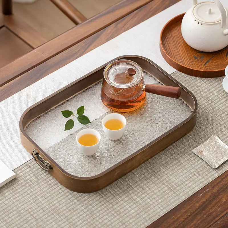 

Поднос стеклянный деревянный в стиле ретро, домашний прямоугольный поднос для чая, Настольная чашка для хранения воды, поднос для закусок, орехового цвета