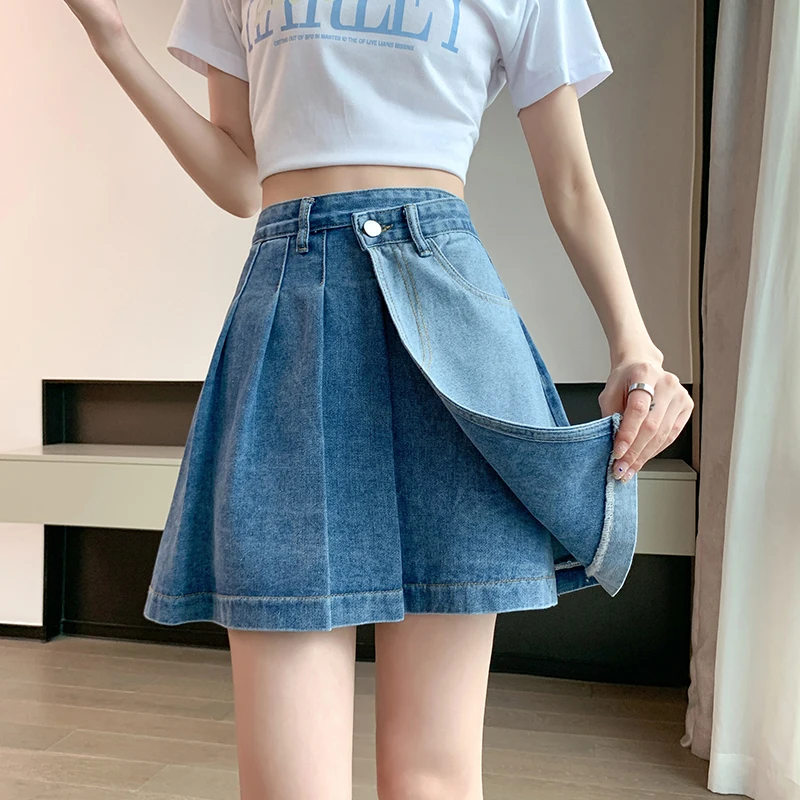 

One Button Summer Denim Jeans Skirts Women 5XL Pleated Skirt Sexy Casual Mini Skirt Streetwear Pockets Patchwork Vintage A-Line