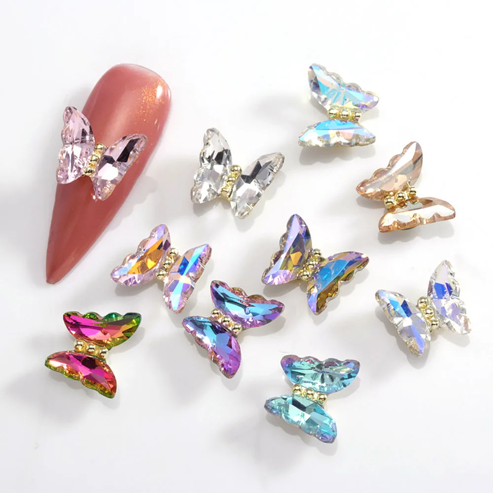 

10pcs/Bag 3D Crystal Butterfly Nail Art Charms Aurora Clear Glass Rhinestone AB Color Shiny Alloy Jewelry Diamond Decorations