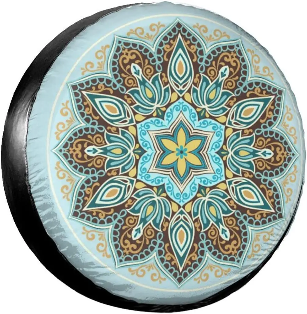 

Mandala Floral Turquoise Spare Tire Cover Wheel Protectors Dust-Proof Wheel Tire Cover Fit Trailer Rv SUV and Many Vehicle