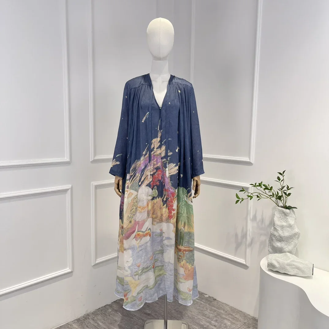 

Pure Silk New 2023 Top Quality Vintage Casual Hand-Painted Long Sleeve Lace-up Woman Loose Blue Midi Dress for Holiday