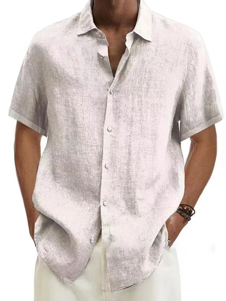 

2022 Summer Basic Buttoned Lapel Tops Men Short Sleeve Shirts Cotton Linen Breathable Single-breasted Slim Fit Male T-shirt Tee
