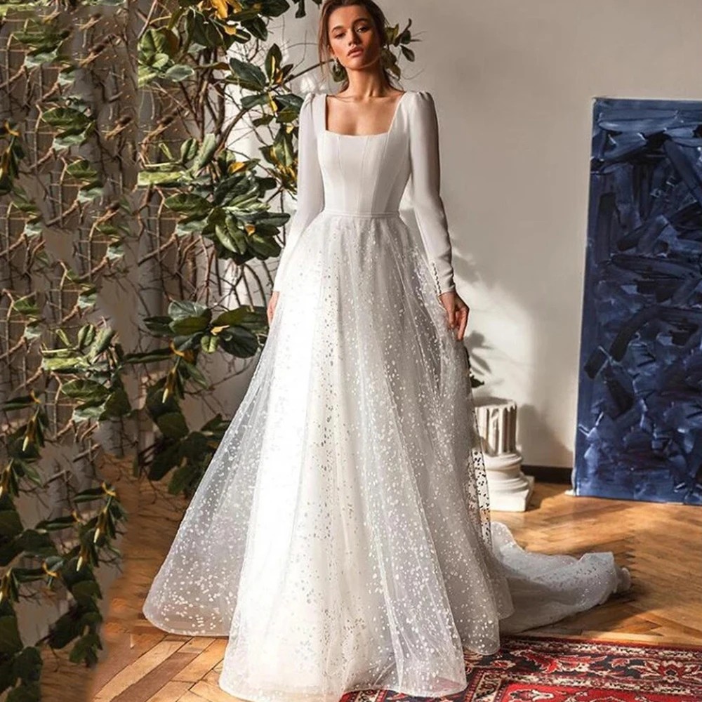 

Classic Wedding Dresses Square Neck Backless Full Sleeve Boho Bride Dress Glitter A Line Sweep Train Tulle Bridal Gown For Women