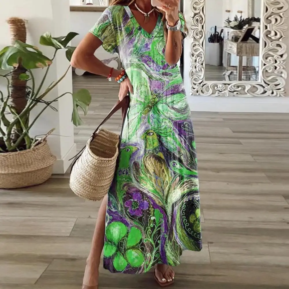 

Summer Flower Printing Maxi Dress Ethnic A-line Polyester Split Dress V Neck Mid-waist Pullover Women Dress for Vacation