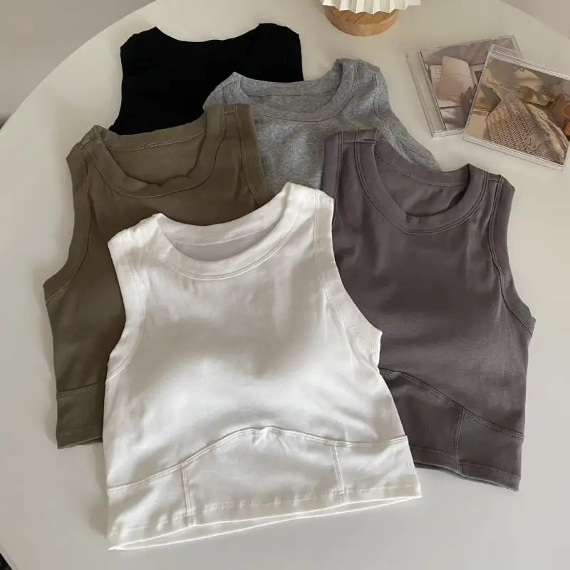 

Summer Korean 2023 Women Inside Color Stretchy Fashion Chic Crops Comfortable Feminine Tops Simple Pure Tank Style Cozy Hipster