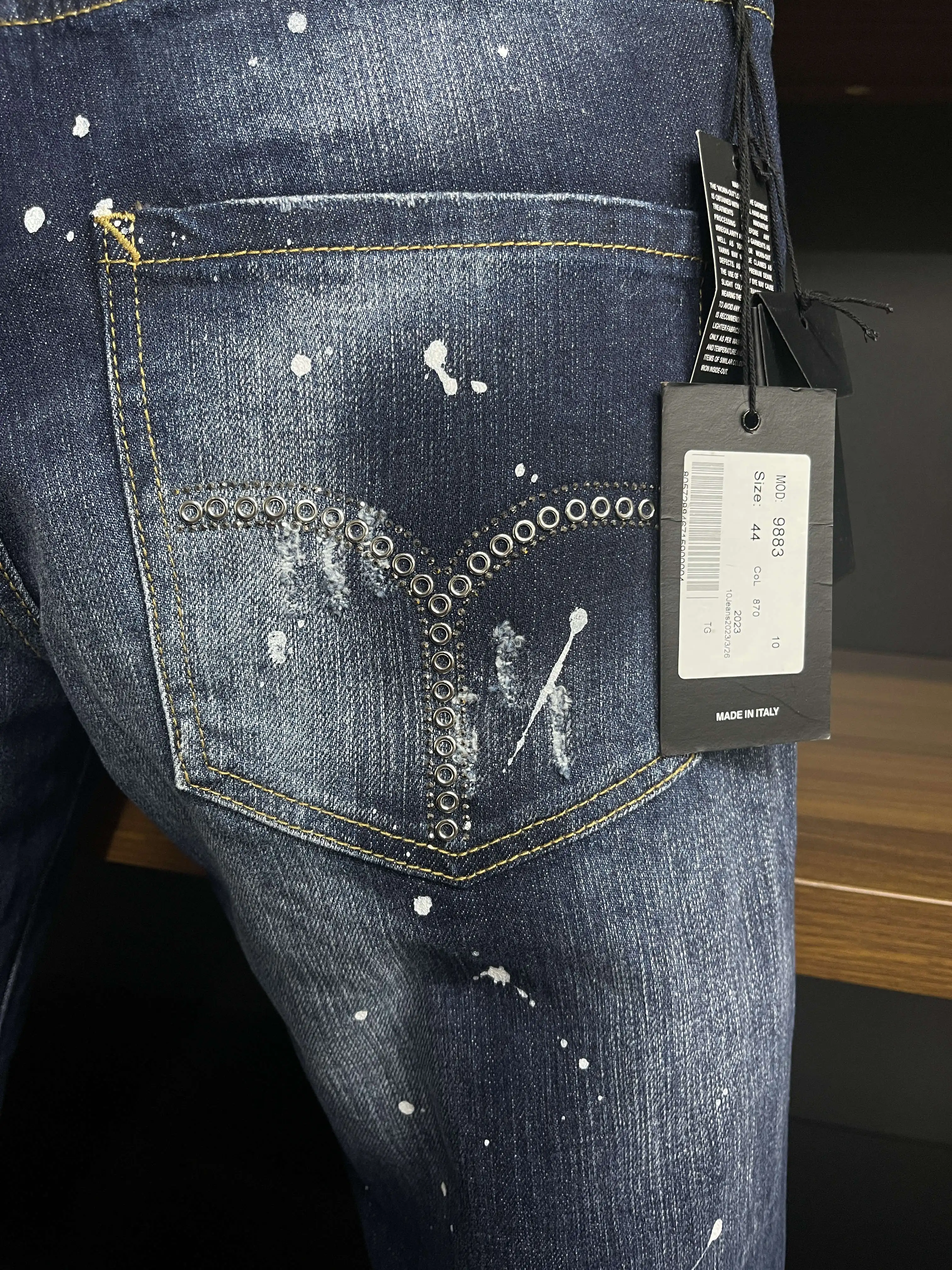 2023 New D2 Jeans Trendy Men's Blue Perforated Fashion Patch Ink Breaking Paint Elastic Slim Fit Leggings