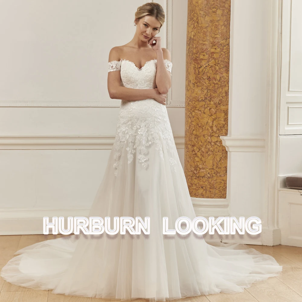 

HERBURN Elegant Wedding Dresses Off Shoulder Short Sleeves Flowers Pleated Sequin Glitter Tulle Vestidos De Novia Custom Made