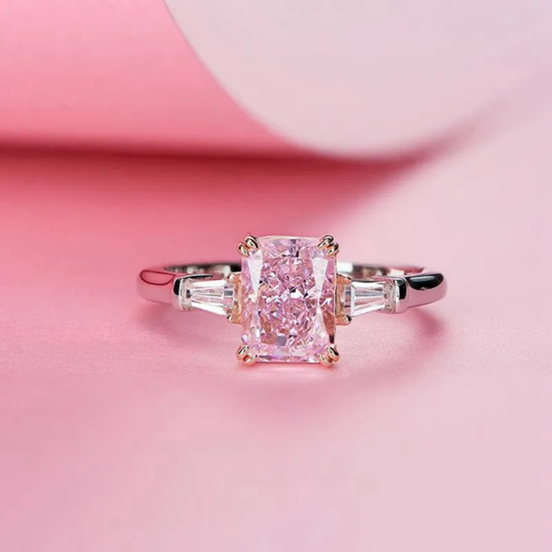 

Princess Cut Pink Sapphire Cubic Zirconia Crystal Stone Ring Luxury Fashion Jewelry Banquet Party Gift