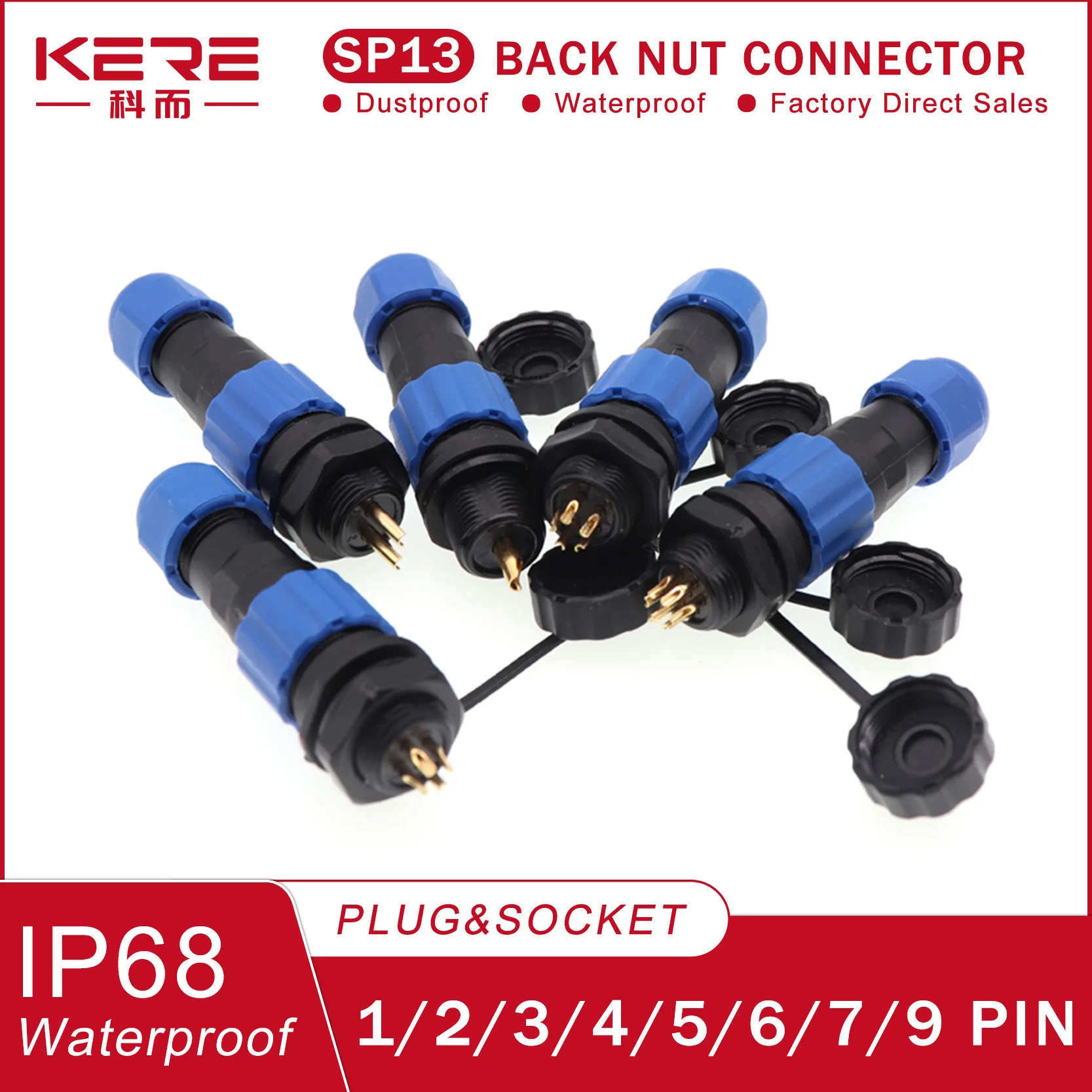 

KERE SP13 IP68 Waterproof Nut TYPE Male Plug Female Socket 1/2/3/4/5/6/7/9 Pin Panel Mount Wire Cable Aviation Connector