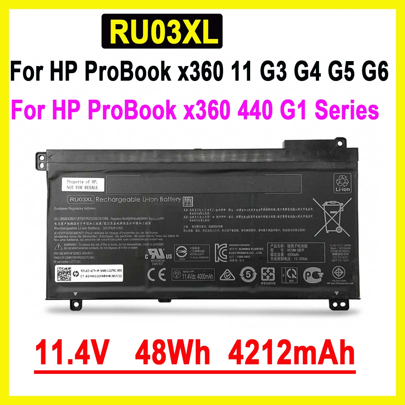

New RU03XL Laptop Battery For HP ProBook X360 11 G3 G4 G5 G6 440 G1 Series HSTNN-LB8K HSTNN-UB7P HSTNN-IB8P L12791-855 48Wh