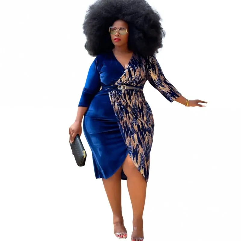 

African Dresses For Women High Waist V Neck Africa Clothing Spring New Sequin Patchwork Streetwear Velvet African Dress Vestidos