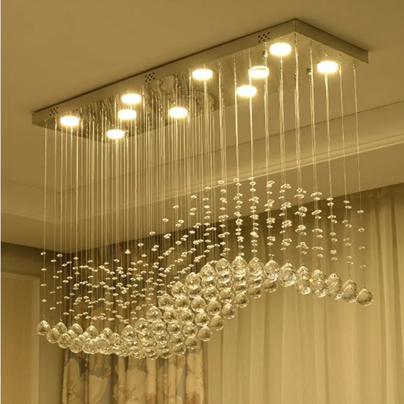 Rectangle crystal chandelier Living room Bedroom Kitchen wave shape chandelier K9 Chrome Color hanging luminaire light fixtures