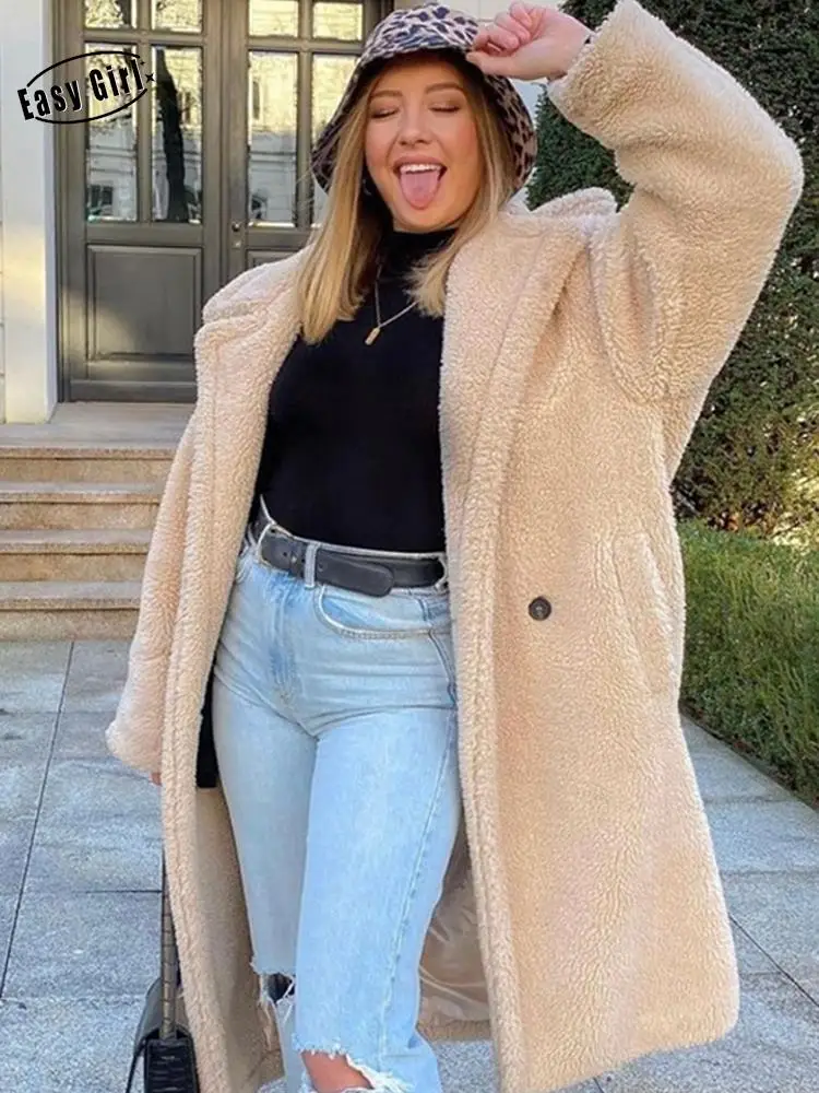 

Теплое Женское пальто из искусственной овечьей шерсти, пальто с лацканами, свободные однотонные женские пальто, Осень-зима 2022, уличная одеж...