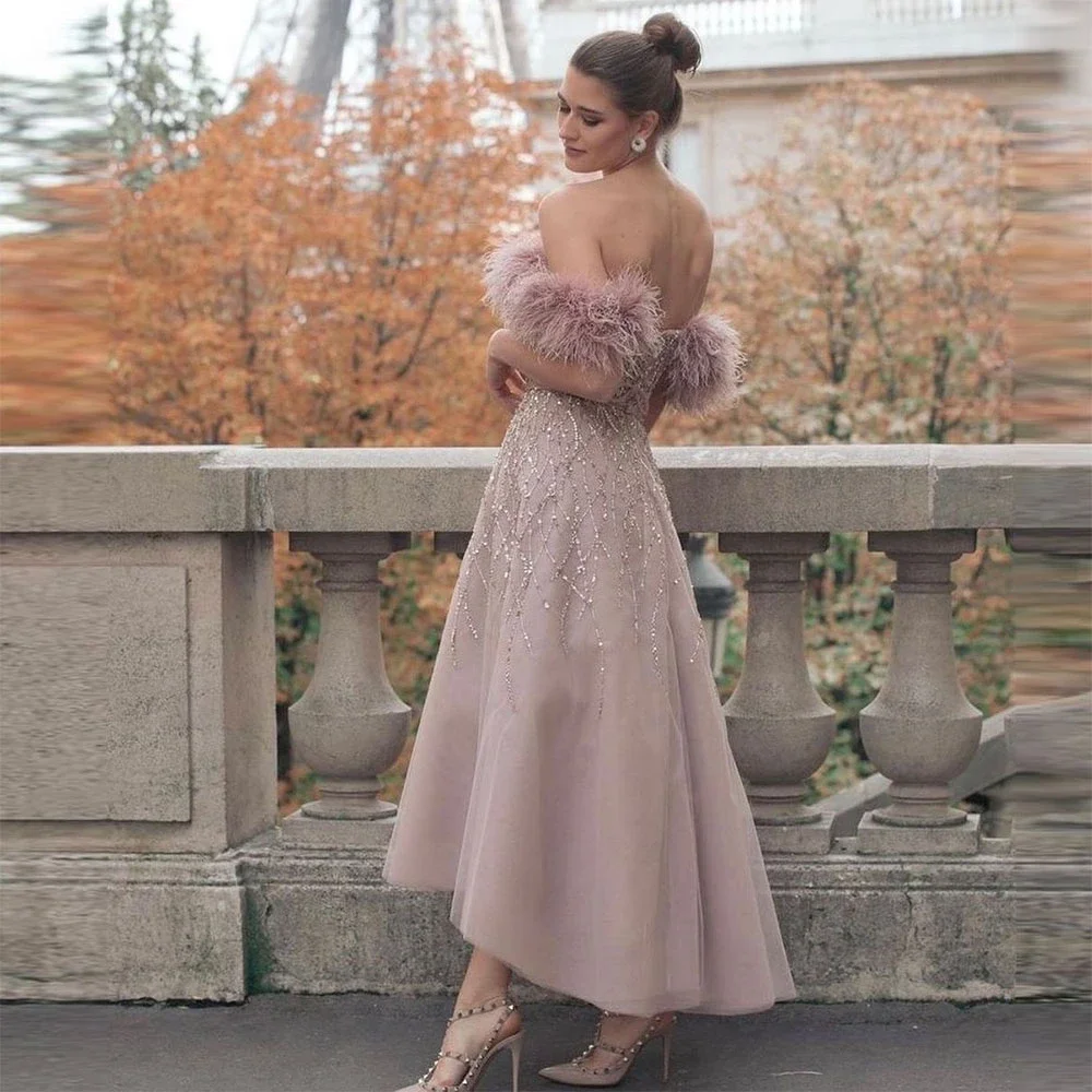 

Pink A-line Feather Sequins Beaded Evening Dresses One Shoulder Sexy Backless Prom Dresses vestidos de noche فساتين السهرة 2023
