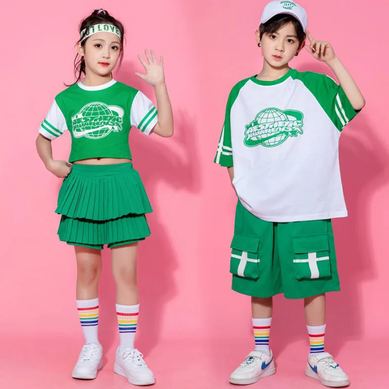 

Футболка для мальчиков в стиле хип-хоп, одежда для подростков и уличного танца, шорты, футболка для девочек, зеленая юбка, Детская уличная одежда, комплекты одежды, Детские джазовые костюмы