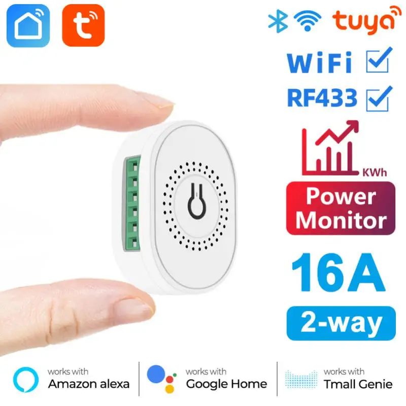 

16A WIFI+RF433 Tuya Smart Light Switch Module With Power Monitor Mini On-off Switch Breaker 1/2 Way Control For Alexa Google