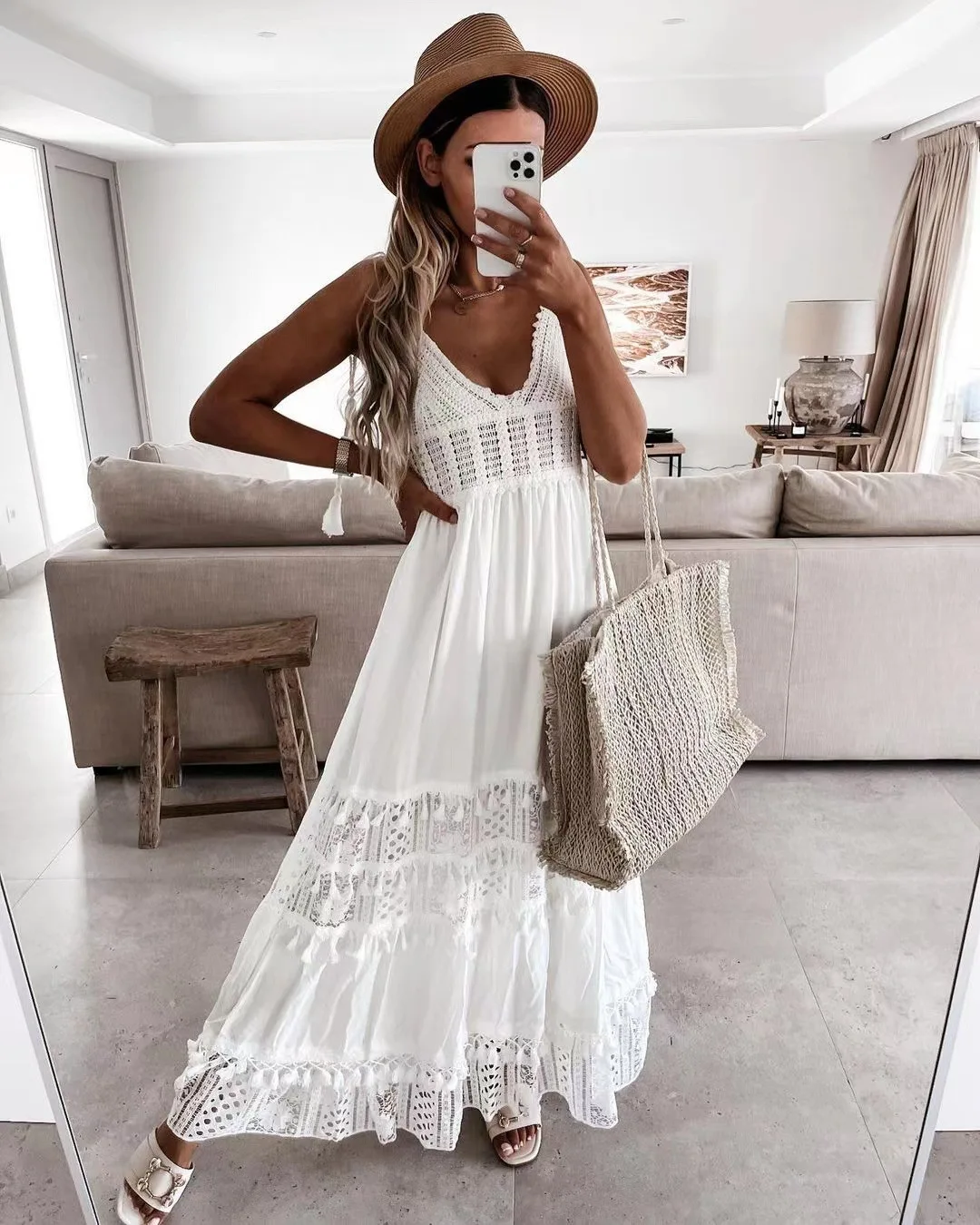 

2023 Summer Casual Lace Splice Sleeveless Strap Long Women's Dress
