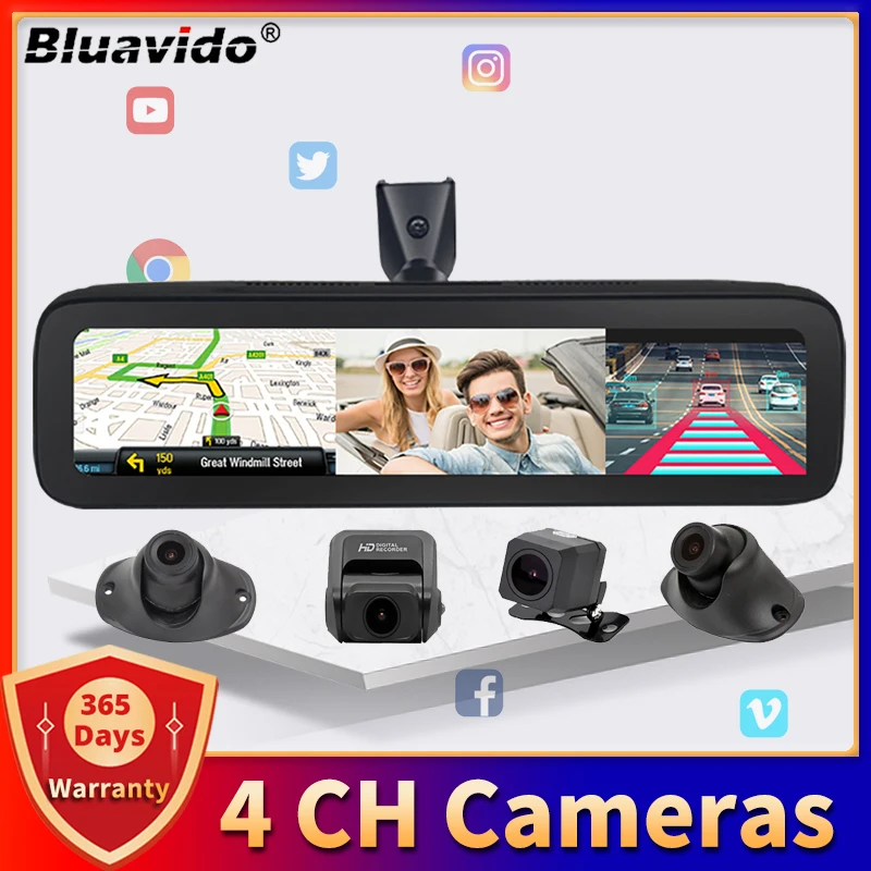 

Bluavido 4 Cameras 4G Car Mirror DVR Android 9.0 GPS Navigation ADAS HD 720P Video Recorder Bluetooth WiFi App Remote Monitoring