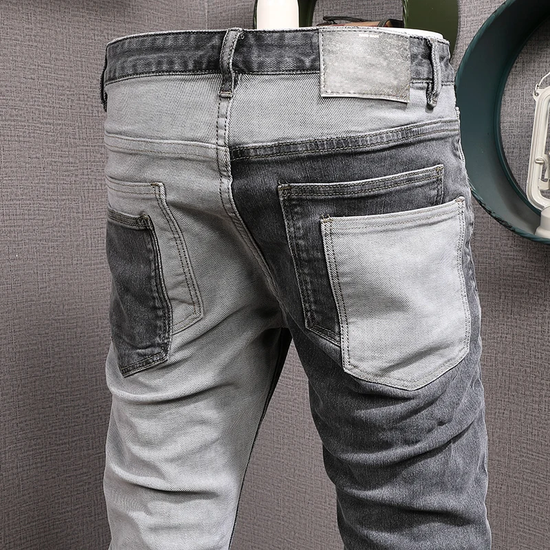 Fashion Streetwear Men Jeans Retro Gray Spliced Elastic Stretch Slim Fit Ripped Jeans Men Patch Designer Hip Hop Pants Hombre