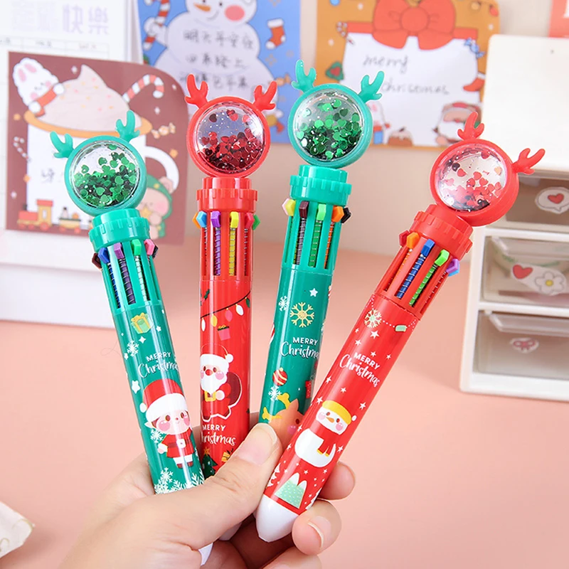 

Christmas 10-color Ballpoint Pen Student Press-type Color Pen Santa Claus Presses The Ballpoint Pen 0.5mm School Stationery