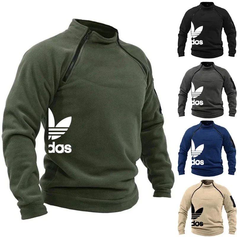 

Mens Polar Fleece Sweatshirts Brand Printed Turtleneck Tops Pullover Double Zipper Warm Tactical Sweater Streetwear
