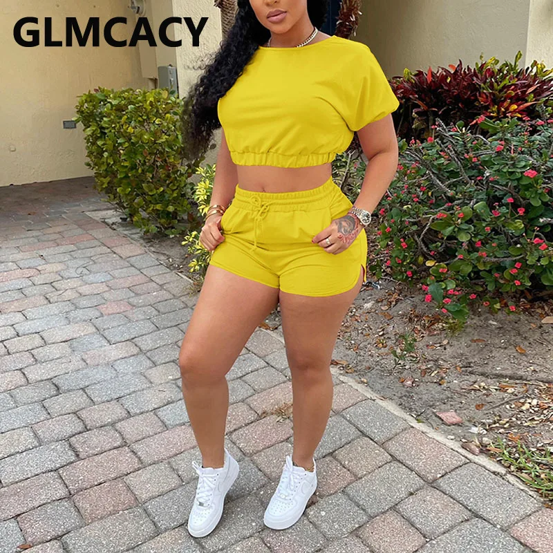 

Women Two Piece Summer Tracksuits Short Sleeve Crop Top & Casual Shorts Set