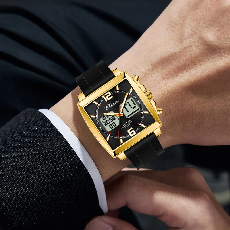 Фото Модные повседневные мужские спортивные часы с квадратным циферблатом, двойным временем, часы CHENXI, силиконовый ремешок, водонепроницаемые, многофункциональные наручные часы для мужчин №4